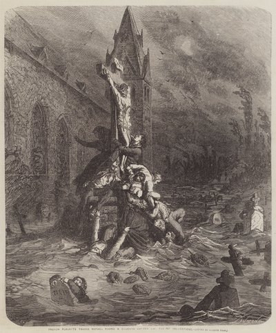Campesinos franceses refugiándose alrededor de un crucifijo de Gustave Dore